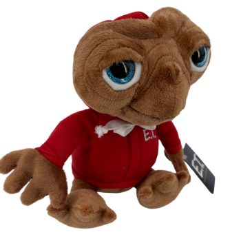 E.T.-Plüschtier sitzend in Braun mit großem blauen Augen und rotem Hoodie mit „E.T.“-Print, ca. 25 cm